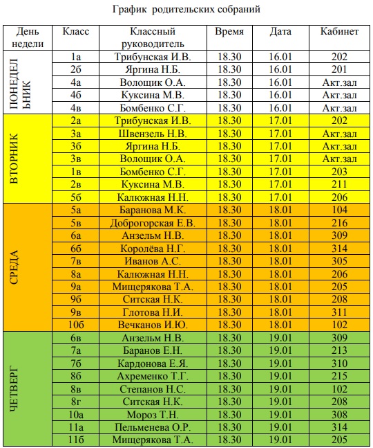 План график родительских собраний в школе